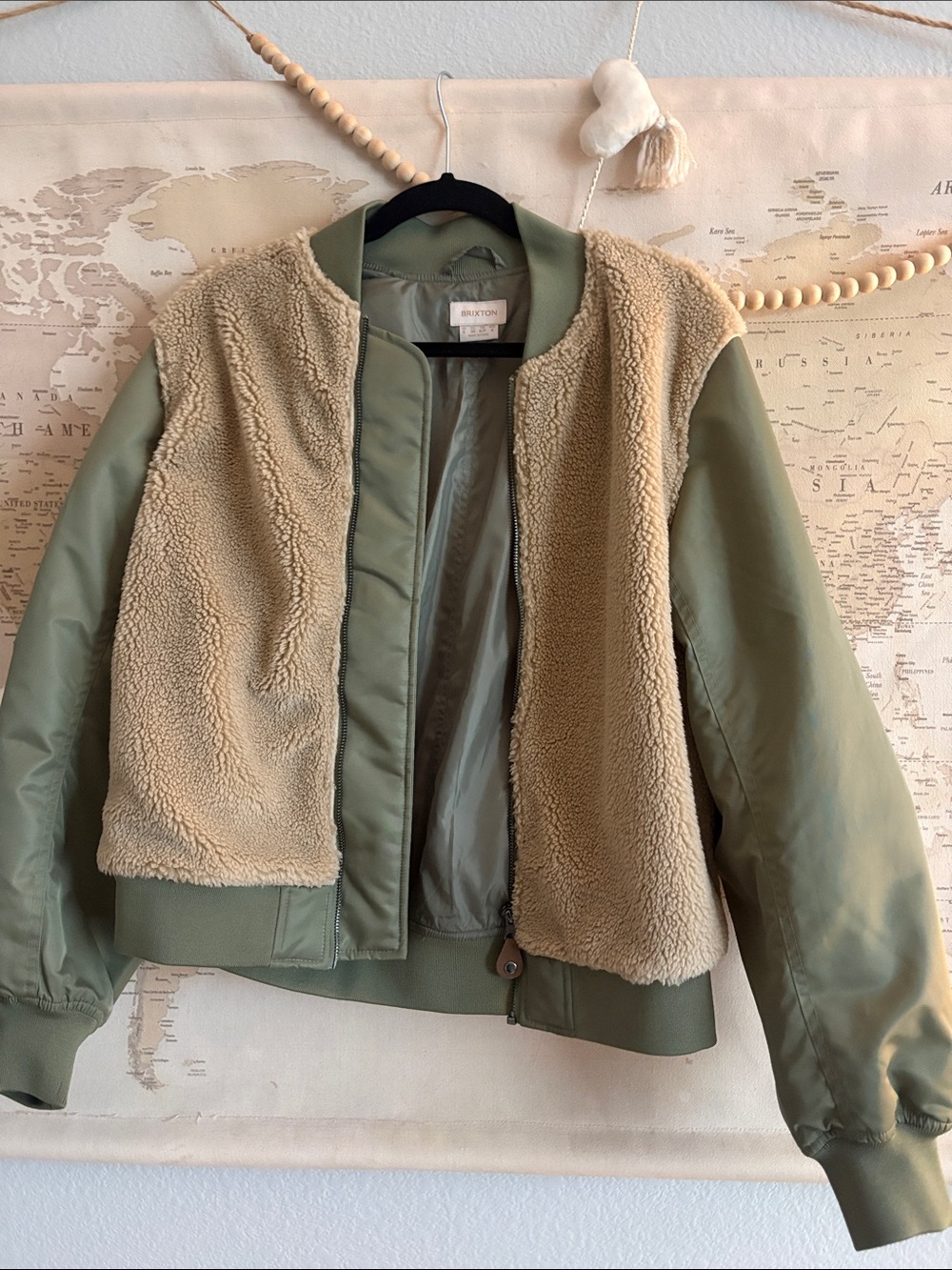 Brixton Olive Green Bomber with Beige Sherpa